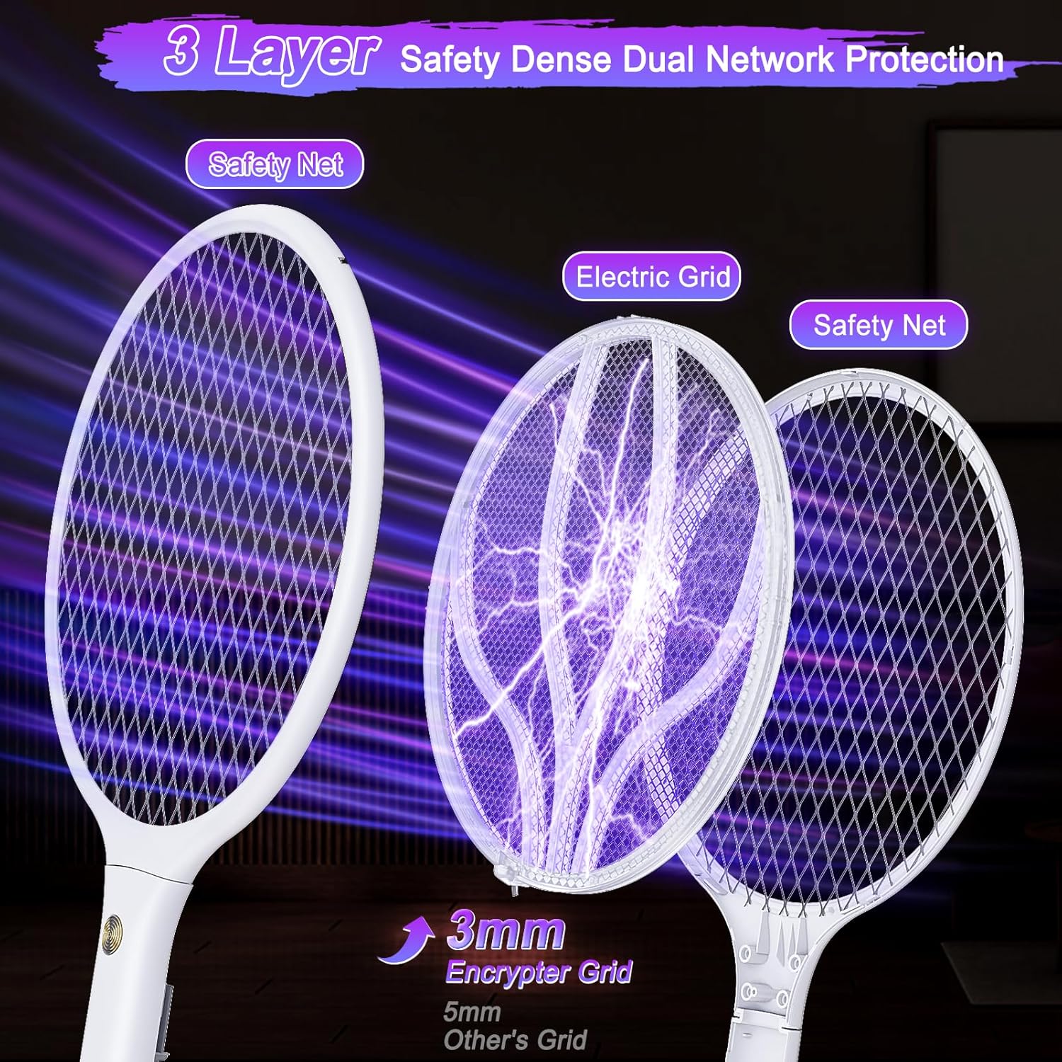 Electric Fly Swatter Racket 3000V Bug Zappers 2 in 1 Mosquito Zappers USB Rechargeable, 1200mAh Mosquitoes Killer Lamp & Fly Zappers with 3 Layer Safety Mesh for Home, Bedroom, Kitchen, Patio