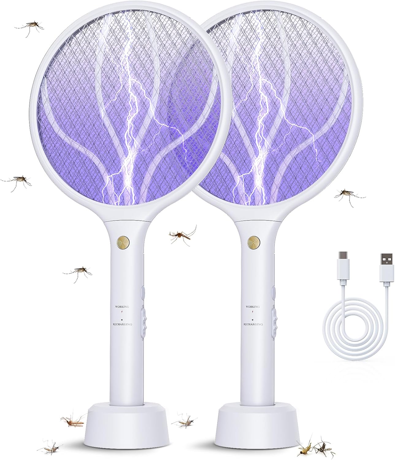 Electric Fly Swatter Racket 3000V Bug Zappers 2 in 1 Mosquito Zappers USB Rechargeable, 1200mAh Mosquitoes Killer Lamp & Fly Zappers with 3 Layer Safety Mesh for Home, Bedroom, Kitchen, Patio