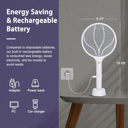 Electric Fly Swatter Racket 3000V Bug Zappers 2 in 1 Mosquito Zappers USB Rechargeable, 1200mAh Mosquitoes Killer Lamp & Fly Zappers with 3 Layer Safety Mesh for Home, Bedroom, Kitchen, Patio