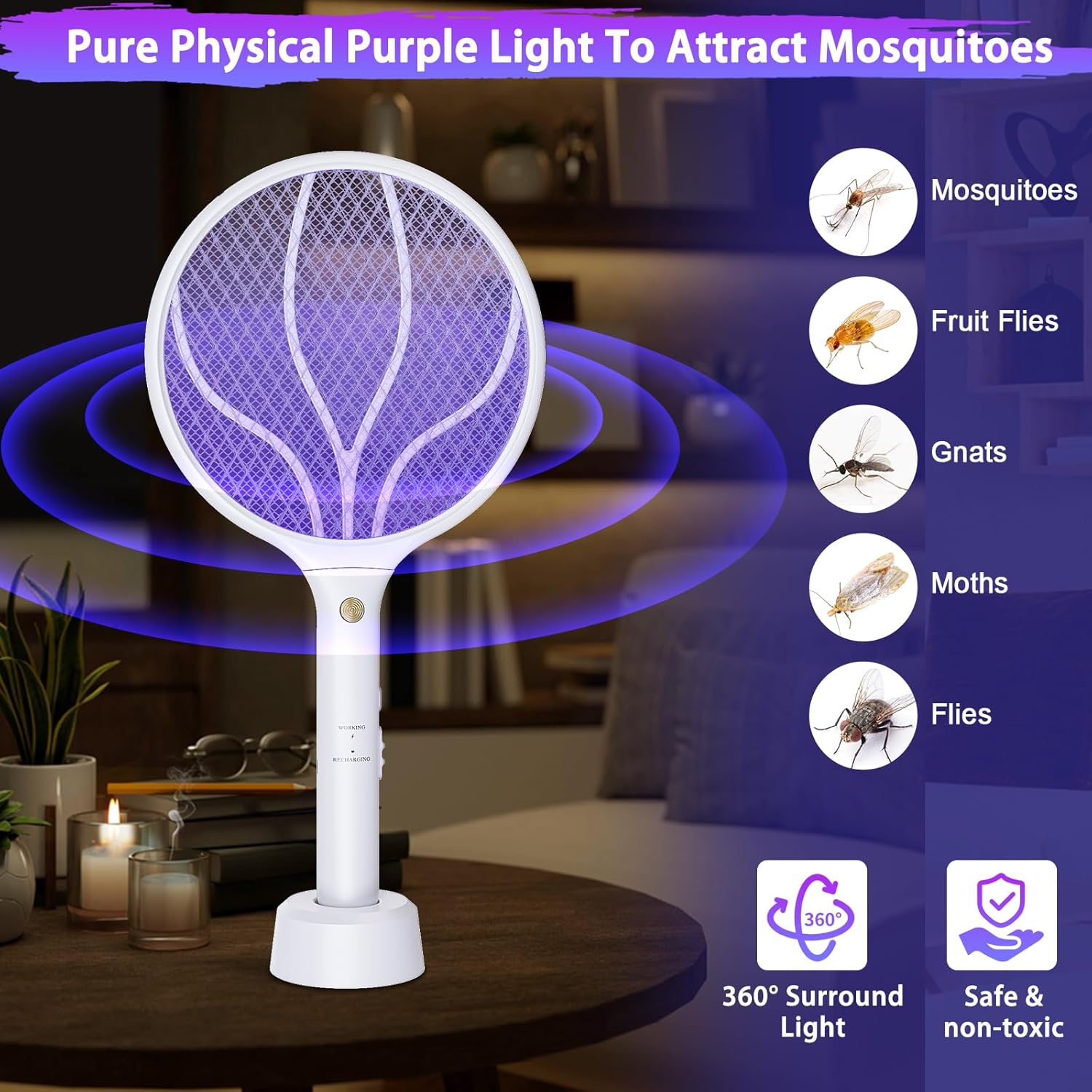 Electric Fly Swatter Racket 3000V Bug Zappers 2 in 1 Mosquito Zappers USB Rechargeable, 1200mAh Mosquitoes Killer Lamp & Fly Zappers with 3 Layer Safety Mesh for Home, Bedroom, Kitchen, Patio
