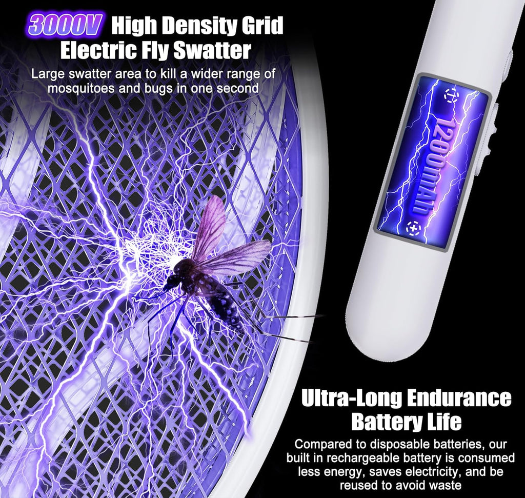 Electric Fly Swatter Racket 3000V Bug Zappers 2 in 1 Mosquito Zappers USB Rechargeable, 1200mAh Mosquitoes Killer Lamp & Fly Zappers with 3 Layer Safety Mesh for Home, Bedroom, Kitchen, Patio